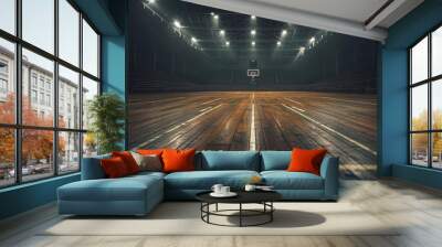 spotlights floor wooden court basketball view Close background dark spotlight light wood closeup sport hoop line basket indoor pattern stadium textured texture arena field nobody building empty imag Wall mural