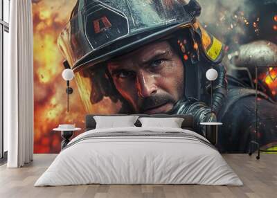 Stylized portrait of a determined firefighter in gear Wall mural