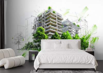 Sustainable development project sketch, green building and trees. Urban planning, green space, and environmental sustainability, with energy efficiency and reduced carbon footprint. Generative AI  Wall mural