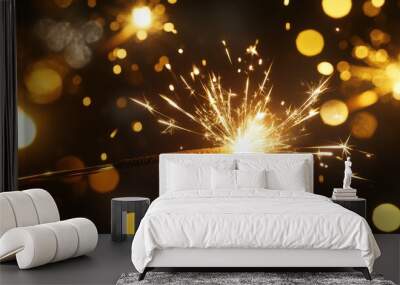 Sylvester New Year, New Year's Eve 2025 party event celebration holiday greeting card - Closeup of sparkling sparklers and bokeh lights in the background Wall mural