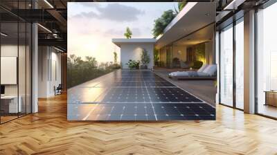 Terrace solar panels for self sufficient eco friendly homes using renewable energy with no waste With copyspace for text hyper realistic  Wall mural