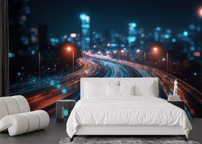 traffic in the city, Business graph waves and technology graph, Abstract blue technology background with a cyber network grid and connected particles, digital connectivity with abstract, Ai. Wall mural