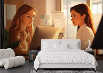 Two business women working together with computer while talking about work in the office. Wall mural