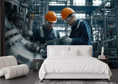 Two engineers in hard hats and safety glasses inspecting and operating machinery in an industrial plant. Wall mural