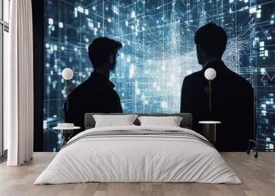 Two men are looking at a computer screen with a lot of numbers and lines Wall mural