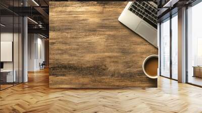 Work from home.Desk office with laptop and coffee cup on wood table.Flat lay top view copy spce. Wall mural