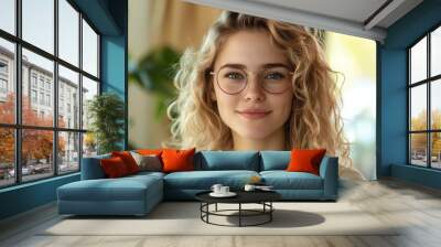 Young adult stylish confident attractive smiling blonde European business woman, beautiful lady pretty model with curly blond hair wearing glasses looking at camera, close up face portrait indoors. Wall mural