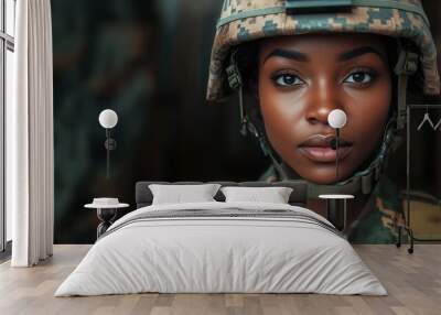 Young black woman wearing military uniform including camouflage fatigues and a helmet. She is ready for war to protect and serve her country. generative ai Wall mural