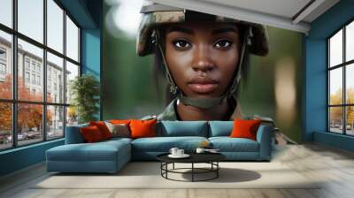 Young black woman wearing military uniform including camouflage fatigues and a helmet. She is ready for war to protect and serve her country. generative ai Wall mural