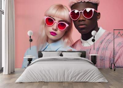 Young Gen Z fashion mixed couple with trendy pink sunglasses, heart in the background, love and Valentine's day concept, fun pastel colors, diversity hd  Wall mural