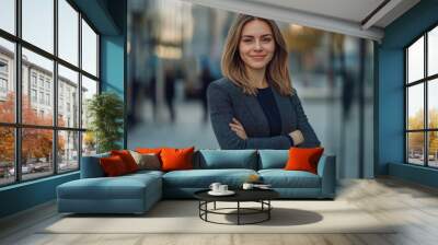 Young happy pretty smiling professional business woman, happy confident positive female entrepreneur standing outdoor on street arms crossed, looking at camera, Generative AI Wall mural