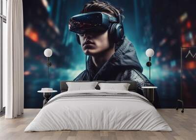 young kid with vr glasses in a dynamic futuristic world Wall mural