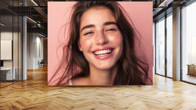 Young Uruguayan woman happy and smiling isolated Wall mural