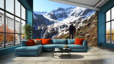 Group of people hiking towards glacier Taschachferner and mountain snow panorama with blue sky in Tyrol Alps, Austria Wall mural