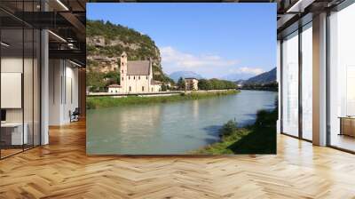 River Adige, church Sant Apollinare and mountain alps panorama in Trento, Italy Wall mural