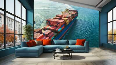 Aerial view cargo ship, Logistics and transportation of International Container Cargo ship in the open sea, Top view of cargo ship. Wall mural