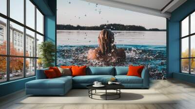 Finnish Girl in a Lake swimming, blue, Finland, summer Wall mural