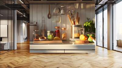  a kitchen counter full of food, cooking tools and appliances Wall mural