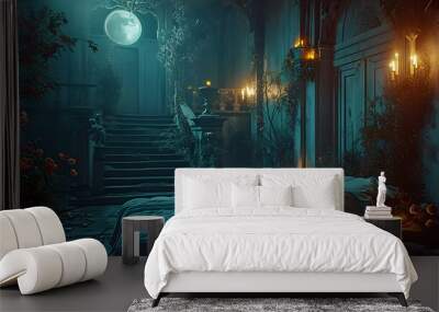  bedroom with cozy low bed at night Wall mural