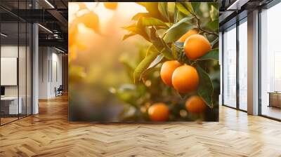  Citrus branches with organic ripe fresh oranges tangerines growing on branches with green leaves in sunny fruiting garden. Wall mural