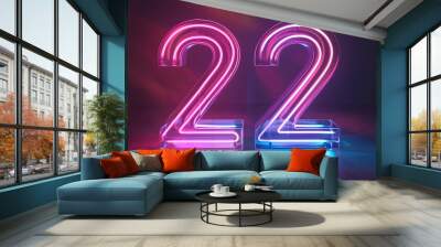 3d render digital neon number two the second place glass symbol with glowing linear frame laser line Wall mural