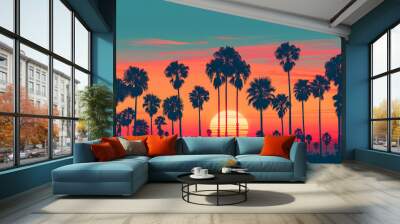 80s retro sunset, palm trees on both sides, Wall mural