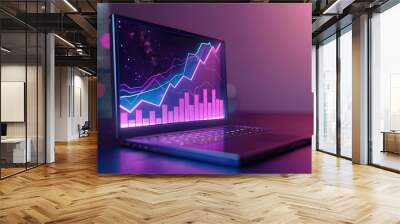 A 3D graph growing upwards from a laptop, indicating successful strategy implementation, business strategy, dynamic and dramatic compositions, with copy space Wall mural