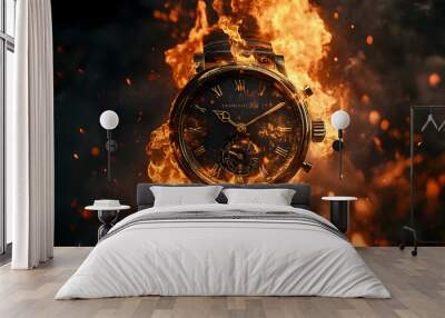 A antique watch engulfed in flames against a dark background. Generative AI Wall mural