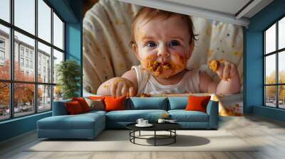 A baby sits in a high chair, face and hands covered in food, with a messy tray in front of them. Wall mural