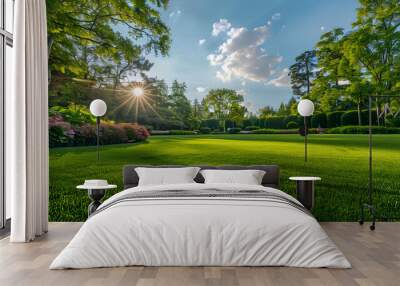 a beautiful garden lawn with a large beautiful blue sky in the background Wall mural