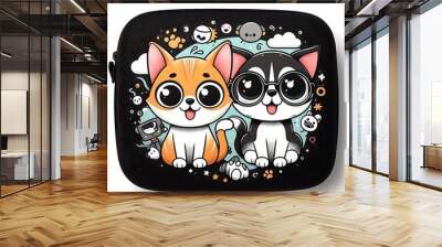 A black case with cartoon cat design drawing graphics and cat design drawing graphic glasses highquality Illustrative unique. Wall mural