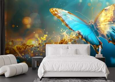 a blue and yellow butterfly flying through a blue and yellow sky with gold flecks on it's wings. Wall mural