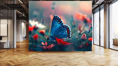 a blue butterfly sitting on top of a lush green field filled with red and white flowers on top of a lush green field. Wall mural