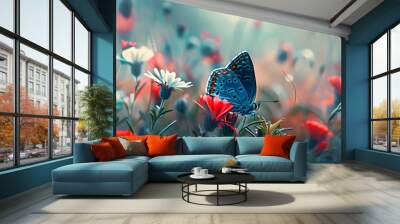 a blue butterfly sitting on top of a lush green field filled with red and white flowers on top of a lush green field. Wall mural