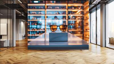 A blurred background of shelves with eyeglass frames, display cases, and optic equipment focuses on a pair of stylish eyeglasses on a pedestal in the center. Wall mural