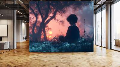 a boy sitting planting trees Wall mural