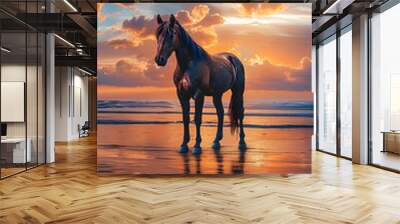 A brown horse standing on top of a sandy beach under a cloudy blue and orange sky with a sunset. Ai generative Wall mural