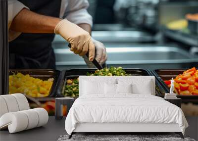 A buffet worker at a hotel with a halal kitchen buffet wearing protective gloves prepares a variety of salads and side dishes, placing the ingredients in large black containers. Concept: catering Wall mural