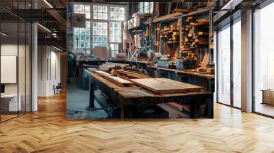 A carpentry workshop with wood and tools. Wall mural