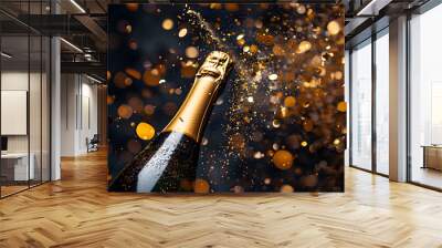 A celebration bottle of champagne with gold sparkling glitter confetti Wall mural