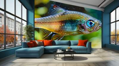 A close-up image of a fish in an aquarium, with plants in the foreground and a rock in the background Wall mural