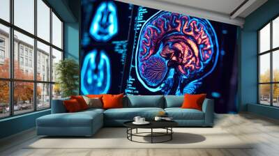 A close-up of a brain scan on a computer screen. The scan shows the structure of the brain in detail. Wall mural