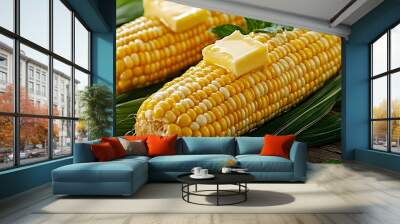 A close-up of corn on the cob with butter applied and leaves on the side Wall mural