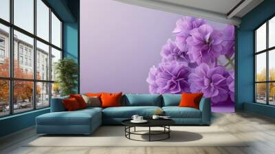 A collection of purple flowers atop a matching purple countertop against a white backdrop and light purple background Wall mural