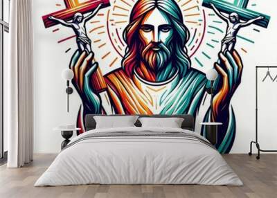 A colorful illustration of a jesus christ holding two crosses image harmony card design illustrator. Wall mural