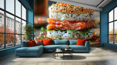 A creative sushi burger dish with fresh salmon slices as buns and sesame rice as toppings. Concept: fusion style of modern cuisine, unusual food combination Wall mural