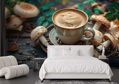 A cup of mushroom coffee on the table, surrounded by mushrooms and coffee beans AI Wall mural