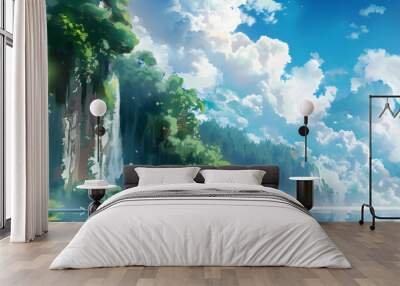 a digital painting of a cliff in the middle of a body of water with a lush green forest on the edge of the cliff and a cloudy blue sky with white clouds. Wall mural