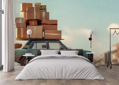 A Family car drives overloaded with Furniture and moving cartons Wall mural