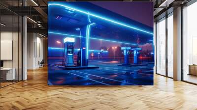 A futuristic gas station illuminated by vibrant blue lights at night Wall mural